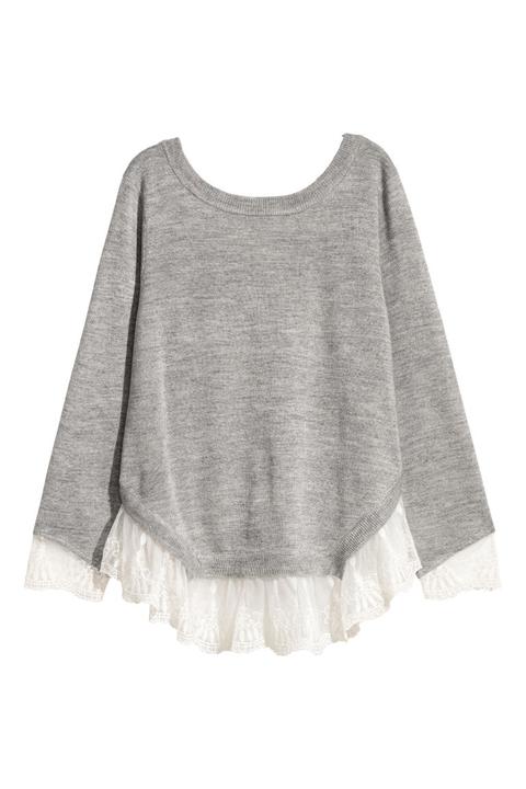 Pull Avec Bord En Dentelle - Gris