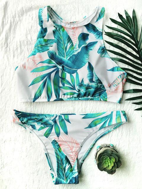 Alta Collo Paml Leaf Stampa Bikini