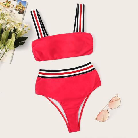 Set Bikini A Vita Alta A Righe Con Cinturino