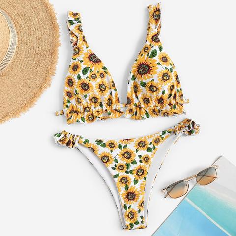 Set De Bikini Con Patrón De Girasol Con Nudo Con Tira Fruncido Al Azar