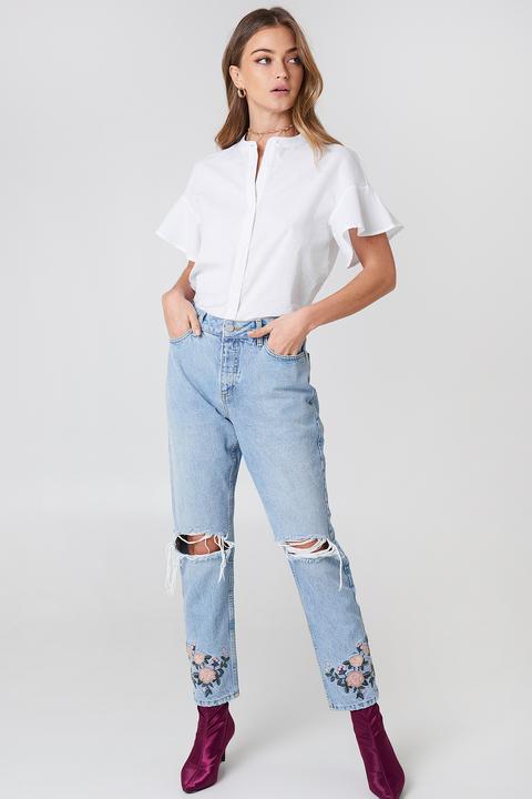 Debiflue X Na-kd High Waist Embroidered Ankle Jeans - Blue