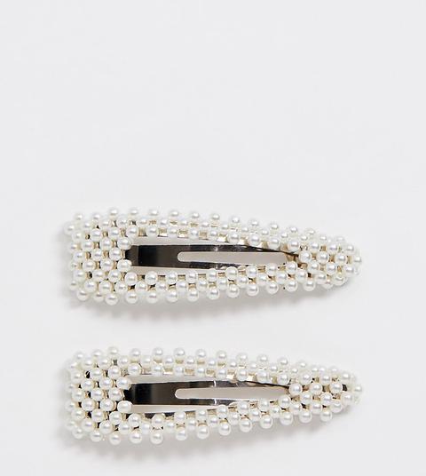 Designb London - Lot De 2 Grandes Barrettes Avec Fausses Perles-blanc