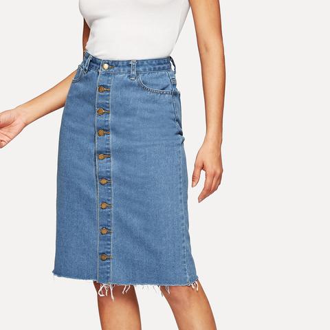 Falda Denim Bajo Crudo Con Botón Delantero