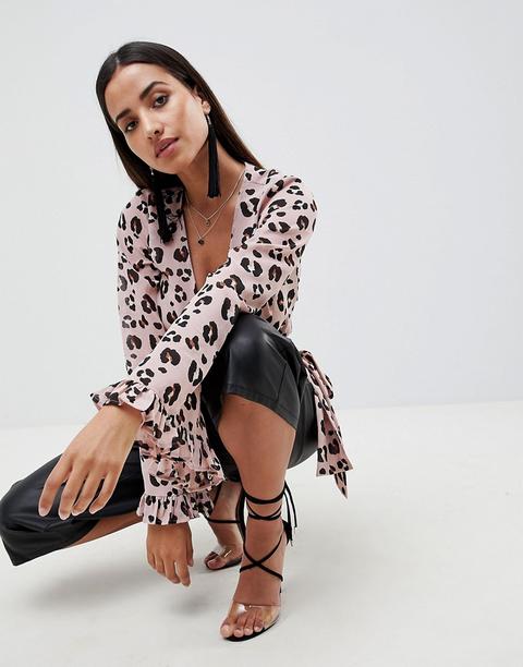 Blusa Con Diseño Cruzado Con Mangas De Kimono Y Estampado De Leopardo De Asos Design-multicolor