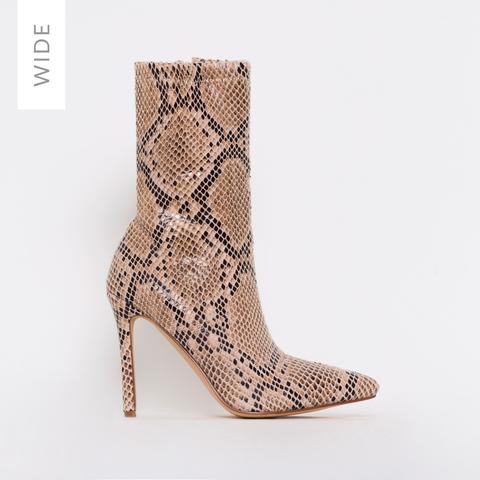 Karma Wide Fit Beige Snake Print Stiletto Ankle Boots