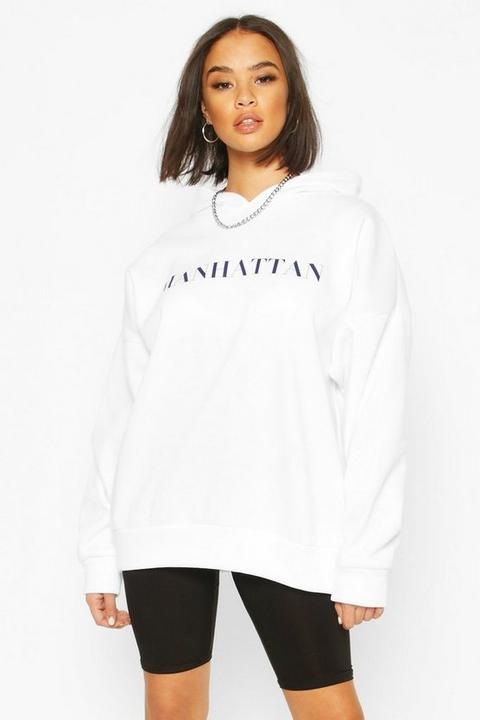 Sudadera Ancha Con Capucha Con Eslogan “manhattan”, Blanco