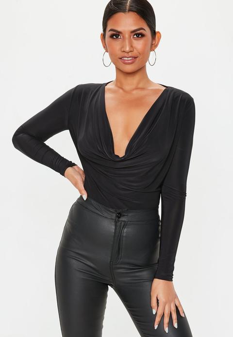 Black Long Sleeve Cowl Neck Bodysuit, Black