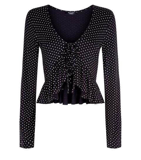 Petite Black Polka Dot Frill Front Crop Top New Look