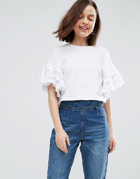 Asos - T-shirt Corta Con Maniche A Volant - Bianco