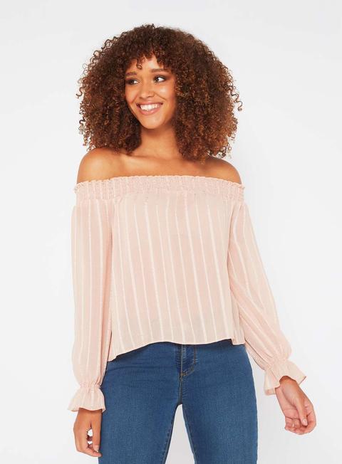 Womens Petite Chiffon Bardot Top, Nude