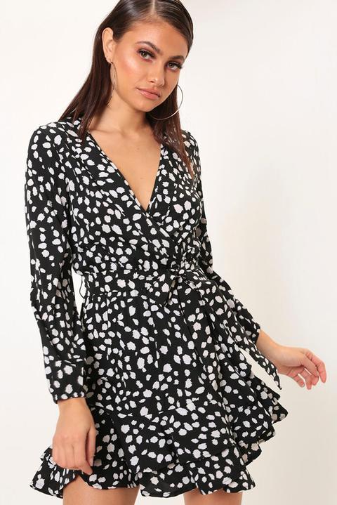 Black Spot Print Wrap Tea Dress