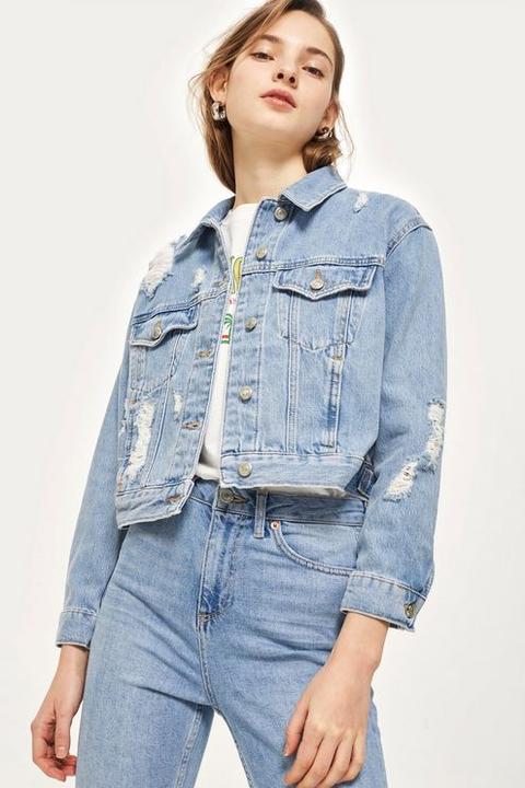 Womens Fitted Ripped Denim Jacket - Mid Stone, Mid Stone