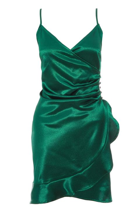 Bottle Green Satin Wrap Frill Dress ...