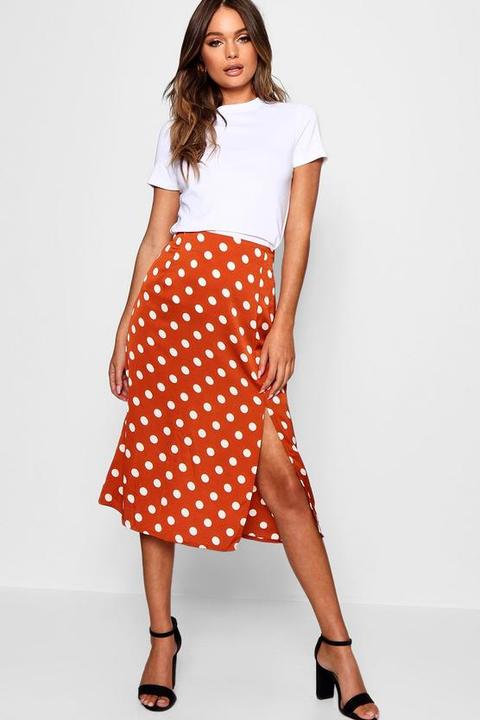 Satin Polka Dot Split Midi Skirt
