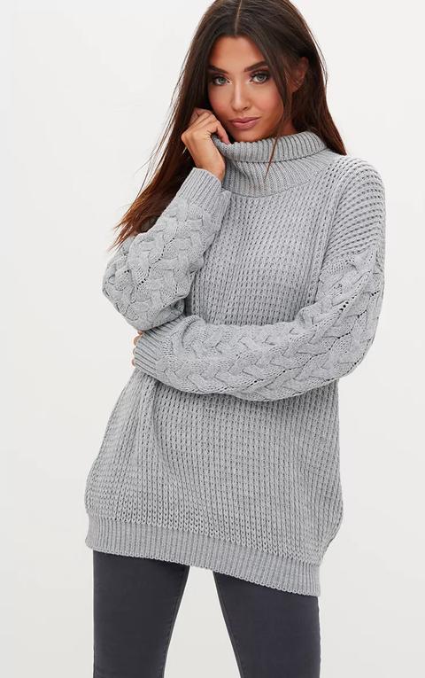 Grey Cable Knit Sleeve Jumper, Grey