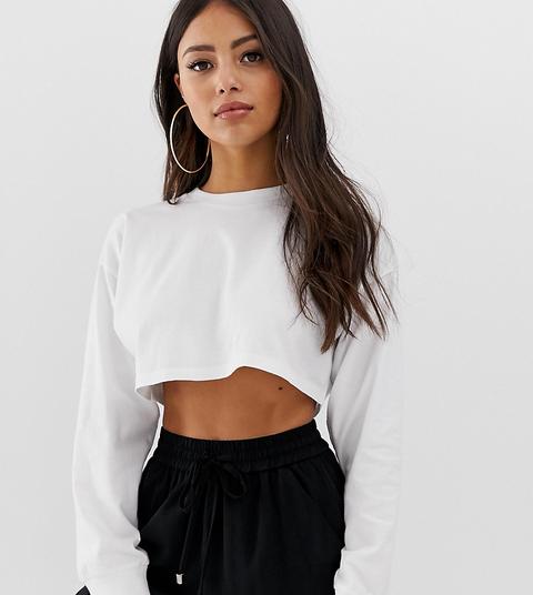 Asos Design Petite - Top Corto Bianco A Maniche Lunghe Con Polsini A Coste - Bianco