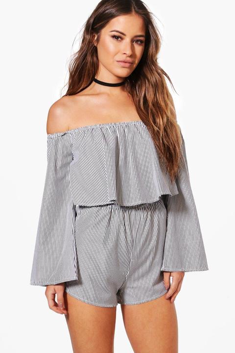 Petite Izzy Woven Stripe Off The Shoulder Playsuit