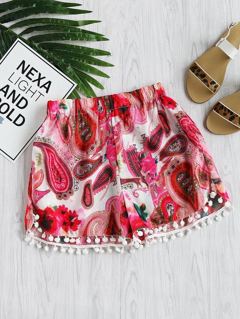 Allover Printed Pom Pom Hem Shorts