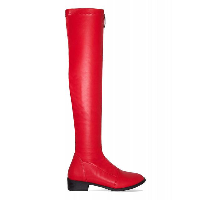 red thigh high boots flat
