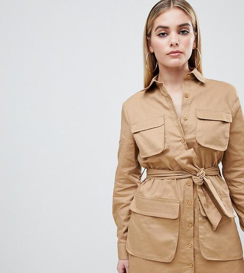 Prettylittlething Utility Shirt Mini Dress In Camel