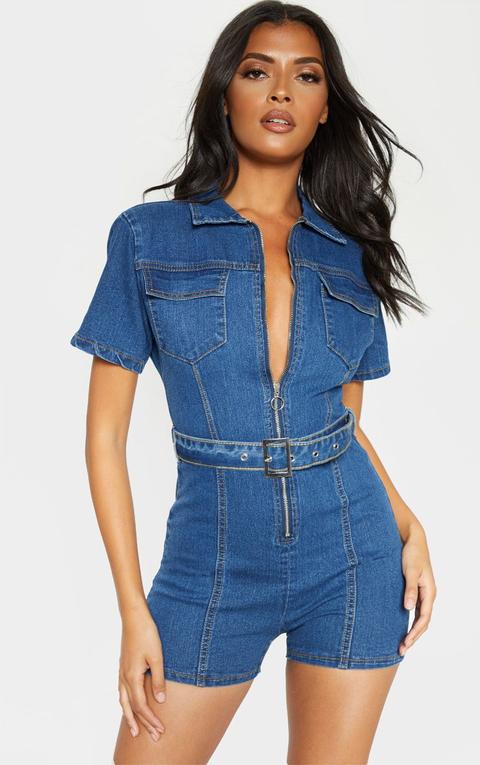 Mid Wash Zip Front Belted Hot Pants Playsuit