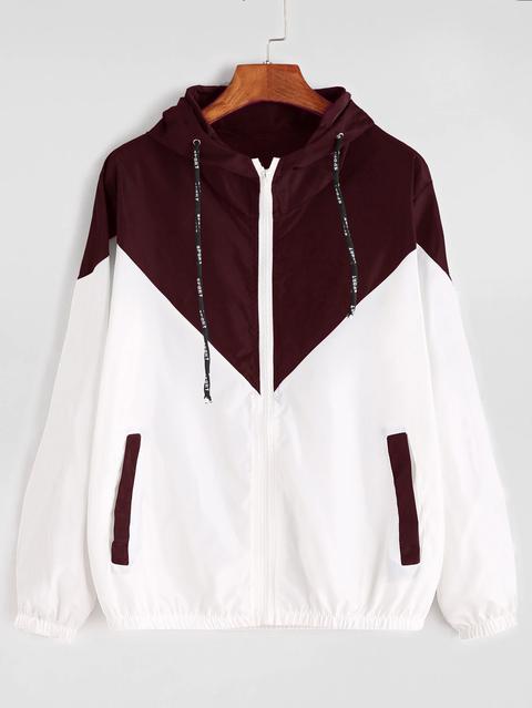 Color Block Drawstring Hooded Zip Up Jacket