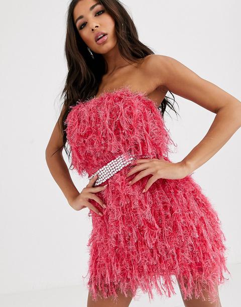 Asos Design Diamante Belt Faux Feather Mini Dress-pink