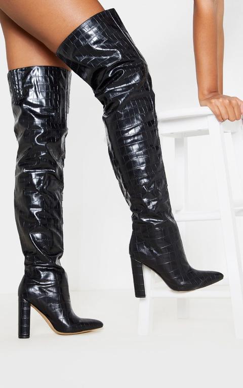 Black Thigh High Point Block Heel Boot