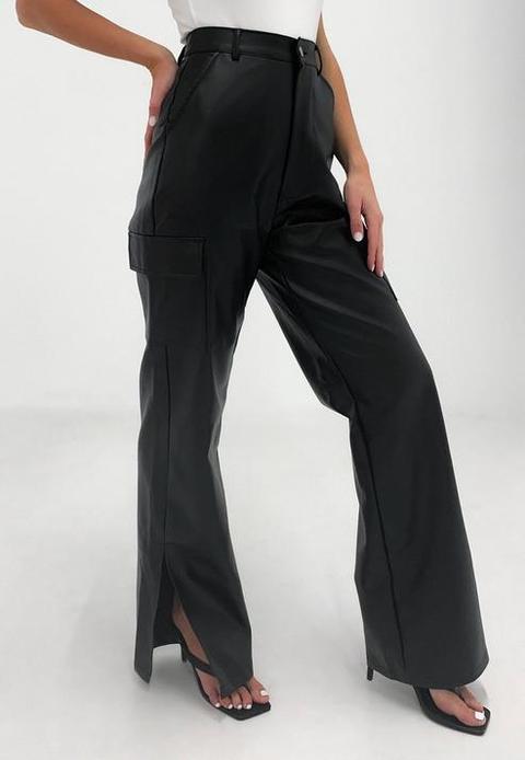 Black Faux Leather Side Split Cargo Trousers, Black