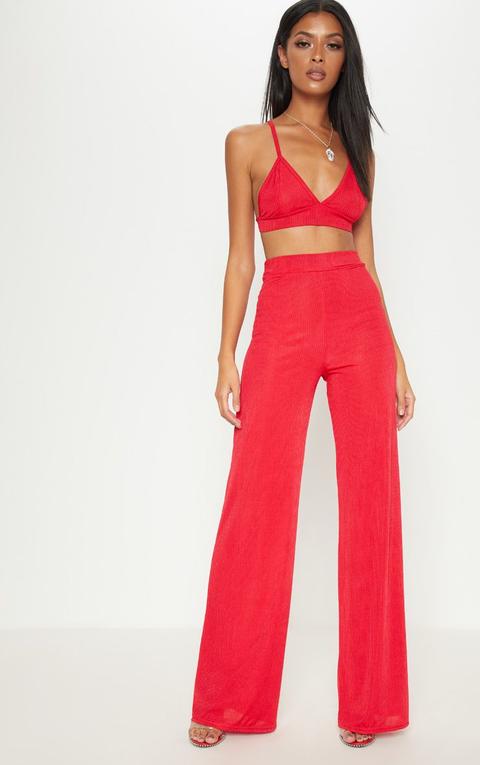 Red Rib Slinky Wide Leg Trouser, Red