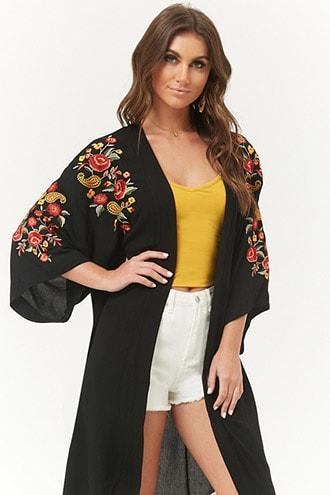 Forever 21 Floral Embroidered Kimono Black/multi