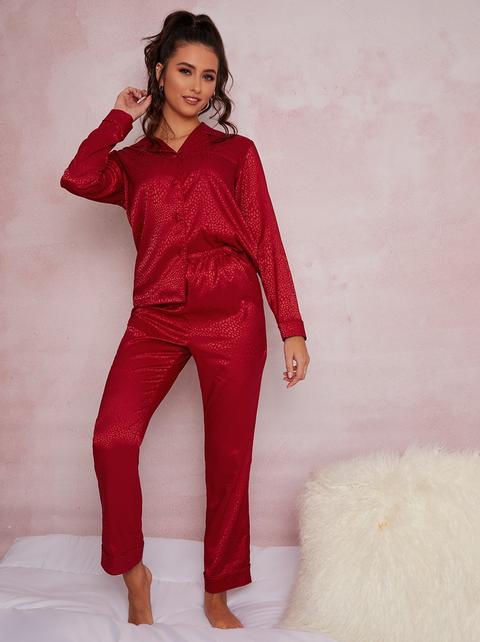 Satin Finish Embossed Pyjama Set In Red