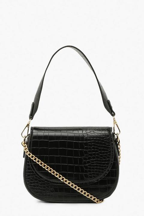 Womens Croc Handle Detail And Chain Cross Body Bag - Black - One Size, Black