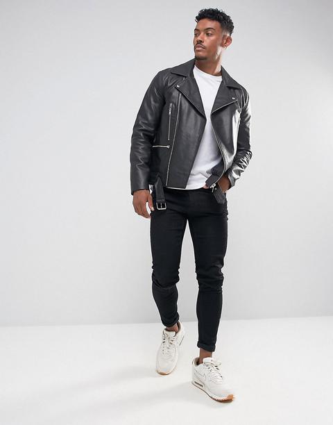 Asos Design - Giacca Di Pelle Nera Biker Con Cintura - Nero