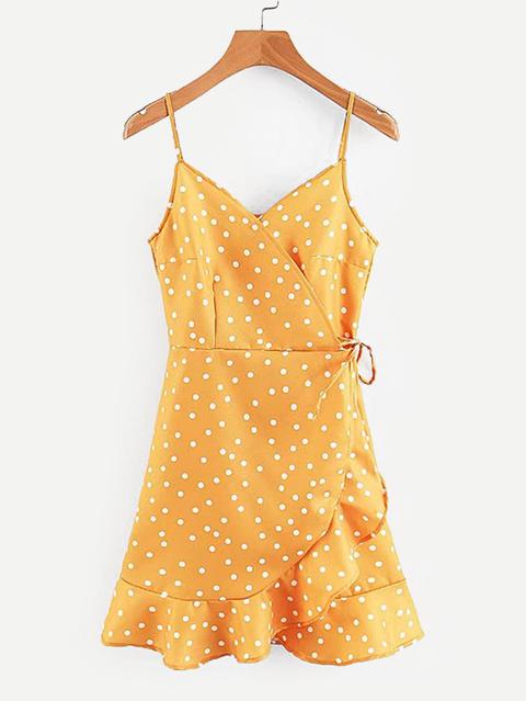 Vestido Cruzado De Lunares Ribete Fruncido
