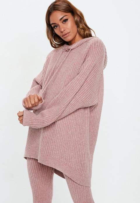 Petite Pink Ribbed Knitted Co Ord Hoodie Jumper, Pink