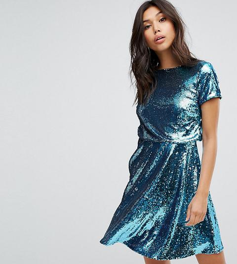 Tfnc - Vestitino T-shirt A Pieghe Decorato Con Paillettes In Due Tonalità - Blu