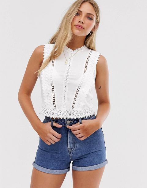 Stradivarius High Neck Sleeveless Lace Detail Blouse In White - White