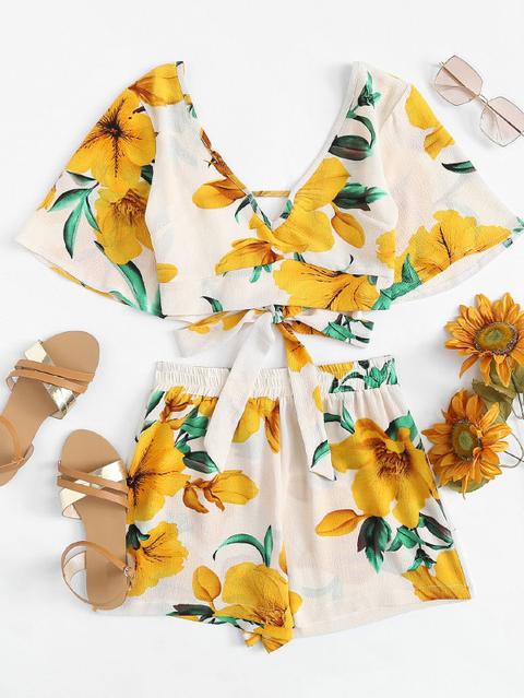 Knot Back Top Con Stampa Floreale Con Pantaloncini