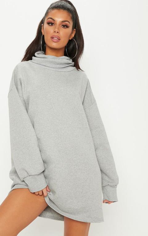 Grey Oversized Sweat Roll Neck Jumper Dress