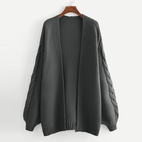 Cable Knit Lantern Sleeve Open Front Cardigan