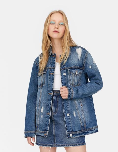 Giubbotto Denim Oversize Con Tagli Jeans Medio