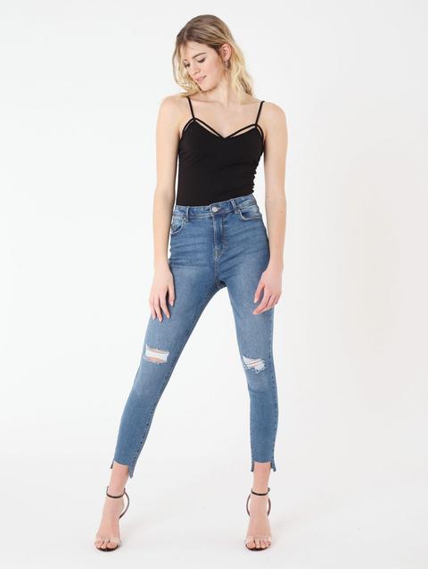 Jeans Skinny Crop Con Rotture Blu Denim Medio