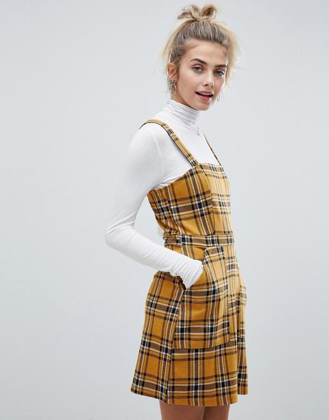 Bershka Check Print Strappy Dress In Mustard - Brown