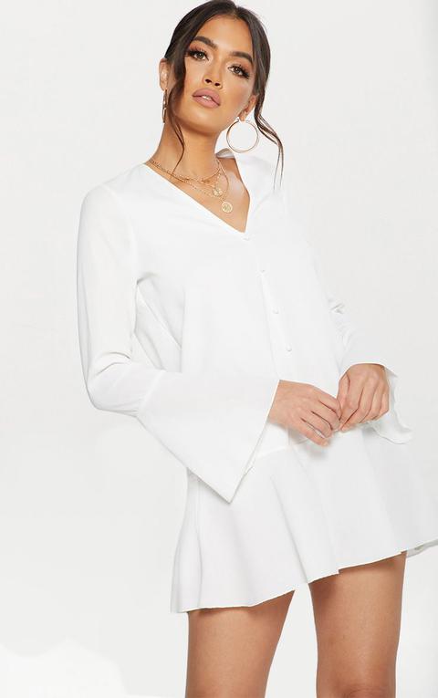 White Button Frill Hem Shift Dress