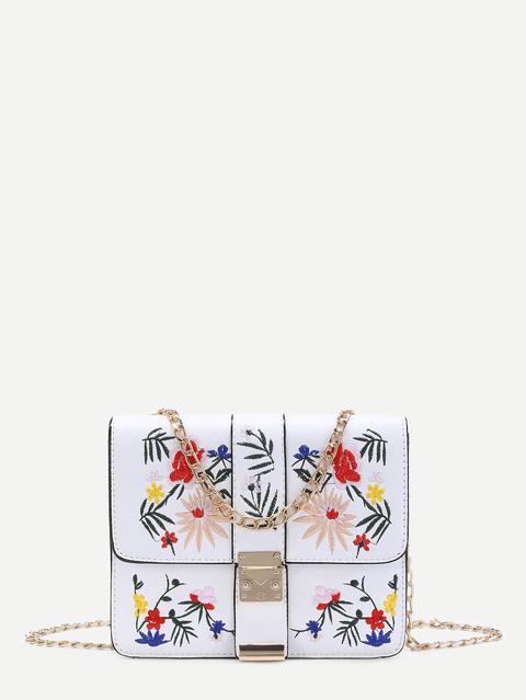 Flower Embroidery Flap Chain Crossbody Bag