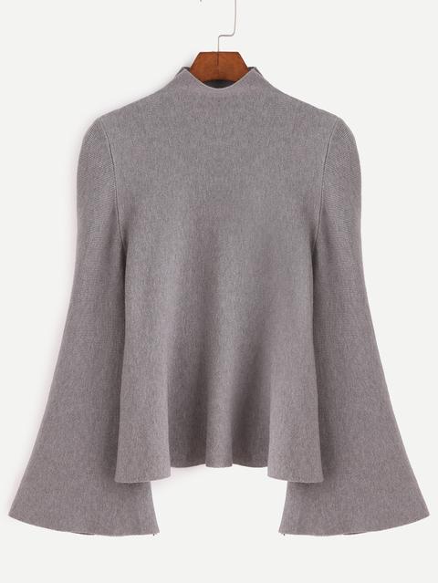 Grey Mock Neck Bell Sleeve Jersey Sweater