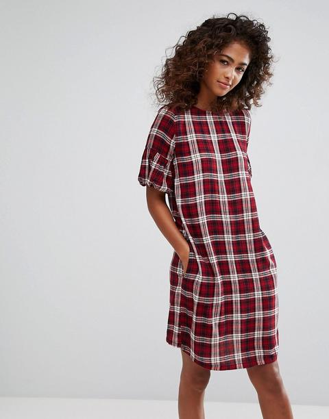 Vestido Recto Con Estampado De Cuadros Y Mangas De Volantes De Esprit