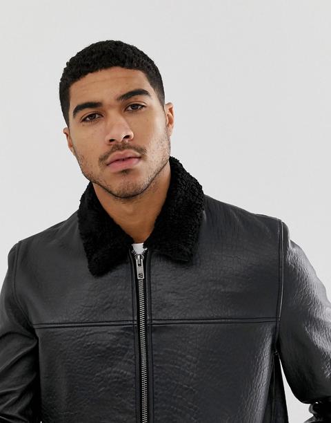 Asos Design - Giacca Stile Aviatore Nera In Pelle Con Colletto In Pelliccia  - Nero from ASOS on 21 Buttons