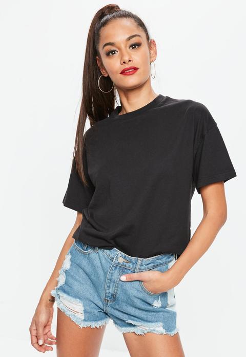 Black Raw Hem Crew Neck T Shirt, Black